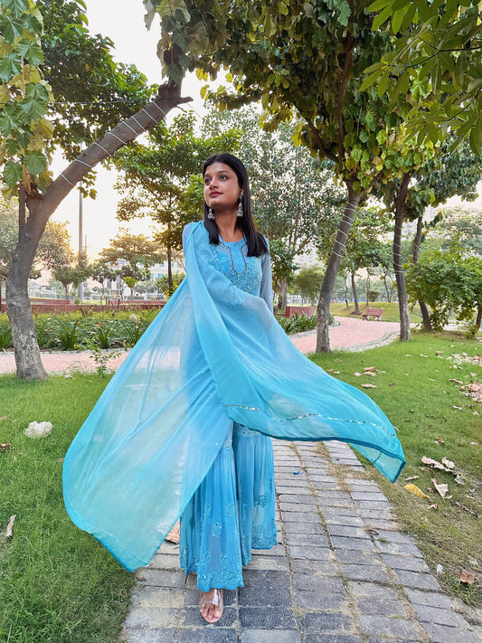 Mirror Ombre Dyed Short Kurta, Gharara & Dupatta Set