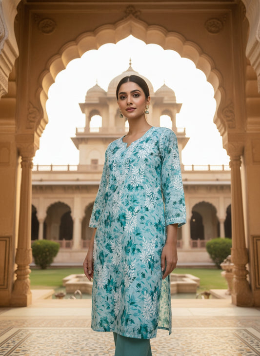 Soft Mul Mul Floral Printed Lucknowi Handwork Chikankari Straight Kurta