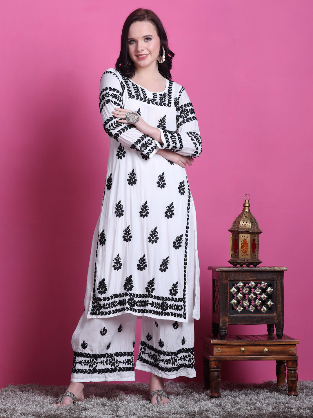 TNQ Women's Chikankari Embroidered Rayon Palazzo Pants - Combo Set Of 2, Black & White (Free Size)
