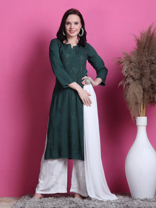 Chikankari 3pcs Chanderi suit with allover-work and mukaish work ( KURTA + PLAZZO + DUPATTA )