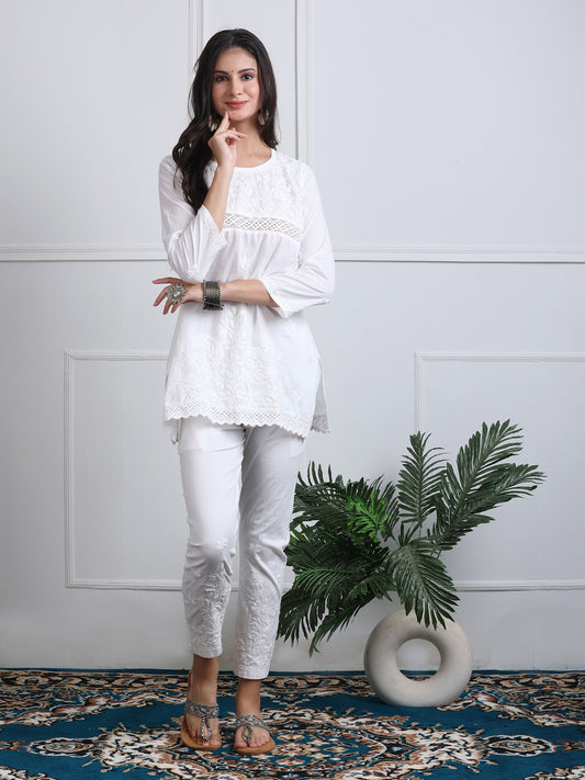 Heavy Work Chikankari Short Top With Crochet Laced on soft cotton