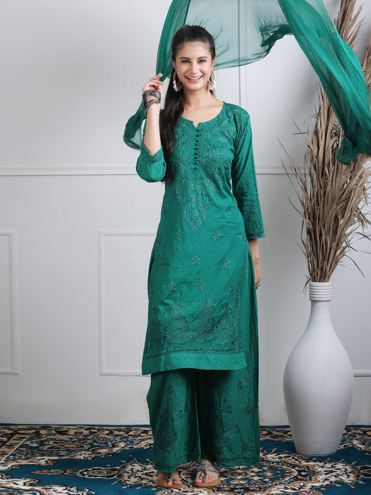 Cotton Dyed Chikankari Co-ord Set with Kurta,Plazzo & dupatta ( NON-TRANSPARENT )