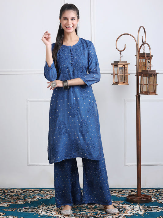 Premium Handwork Chikankari Kurta & Plazzo Set On Chanderi Silk