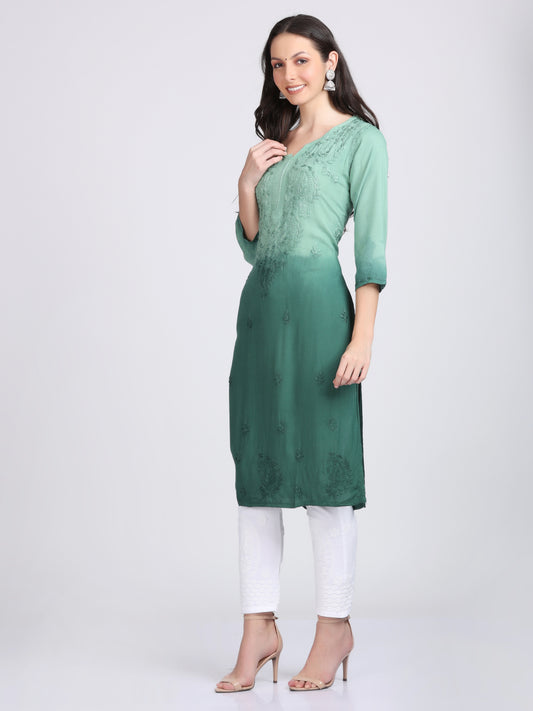 Lucknowi Handwork Chikankari Straight Kurta In Ombre Dyed