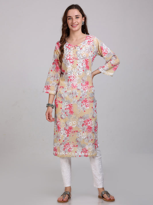 Soft & Breezy Mul Mul Floral Printed Chikankari Straight Kurta