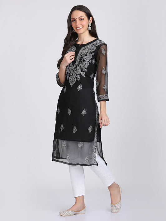 Chikankari Handwork Chiffon Straight Kurta With Matching Inner