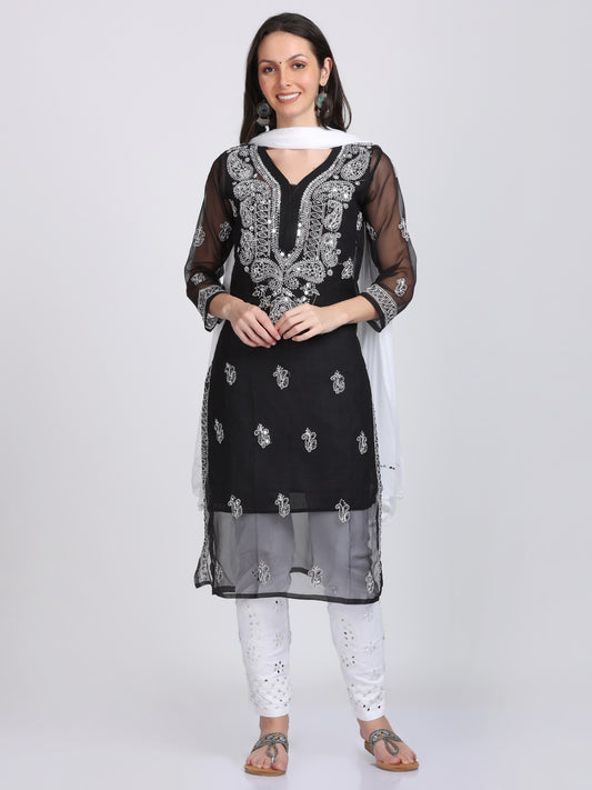 Chikankari Mirror Work Straight Kurta, Mirror Trouser & Mirror Dupatta Set With Free Inner