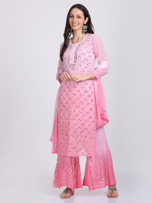Chikankari Mirror Work Ombre Dyed 3pcs Suit With Inner