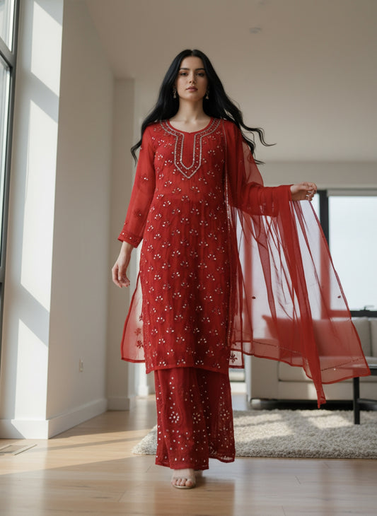 Noor-e-Chikankari Georgette Mirror Kurta Sharara set with Dupatta and Inner.