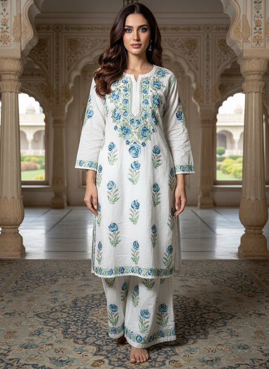 Women's Lucknowi Chikankari White Cotton Kurta Set with Floral Rose Design