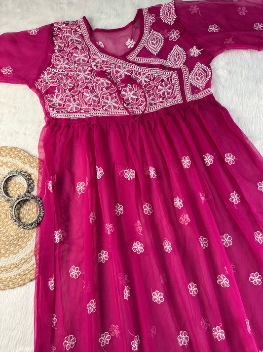 Lucknowi Chikankari Women’s Georgette Angarkha Style Gown | Handcrafted Elegance