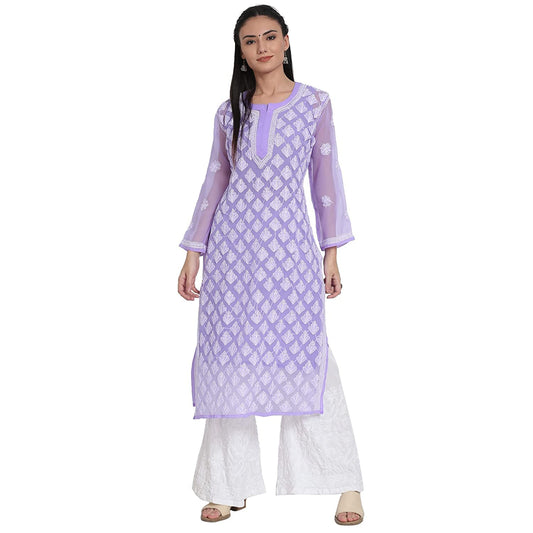 Chikankari Front All-Over Work Chiffon Straight Kurta With Matching Inner