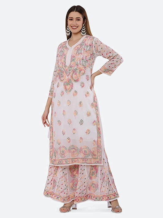 Chikankari Chiffon Co-Ord Sharara Suit With Matching Inner