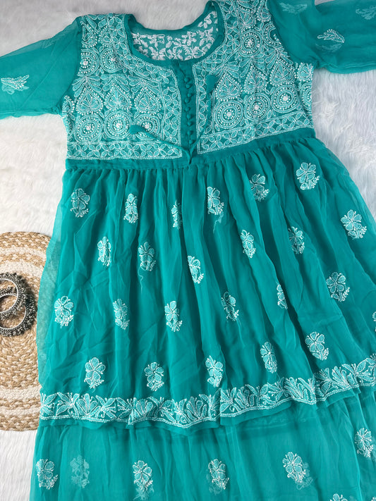 Lucknowi Chikankari Women’s Georgette Boota Gown | Double Layer Ethnic Elegance