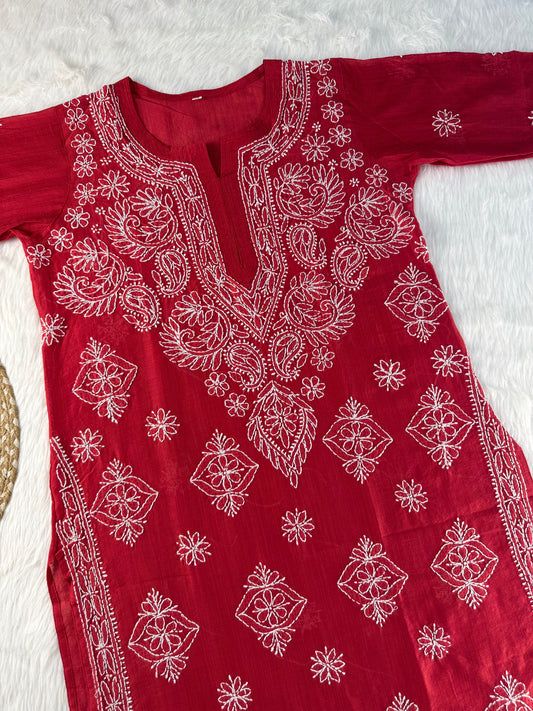 Women’s Lucknowi Chikankari Hand Embroidered Chanderi Georgette Kurti with White Thread Work