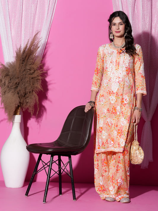 Women’s Lucknowi Chikankari Hand Embroidered Mul Cotton Kurta with Palazzo Set