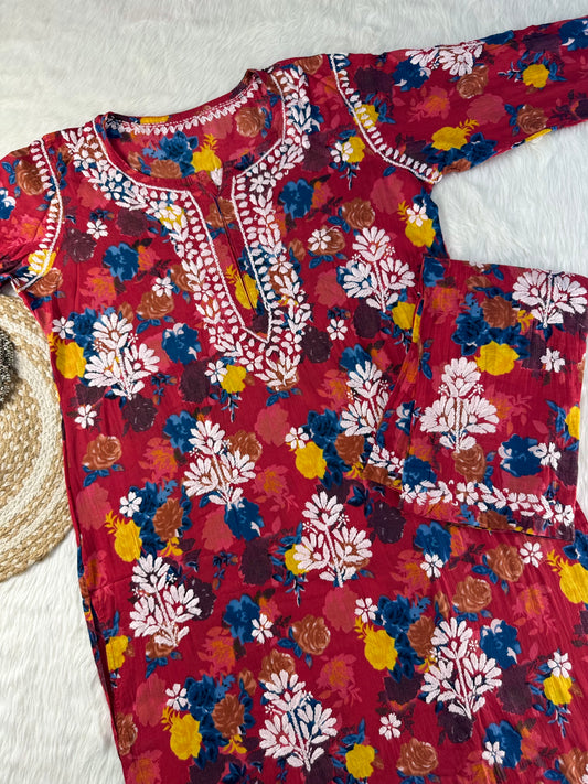 Women’s Lucknowi Chikankari Hand Embroidered Mulmul Printed Kurta with Palazzo Set