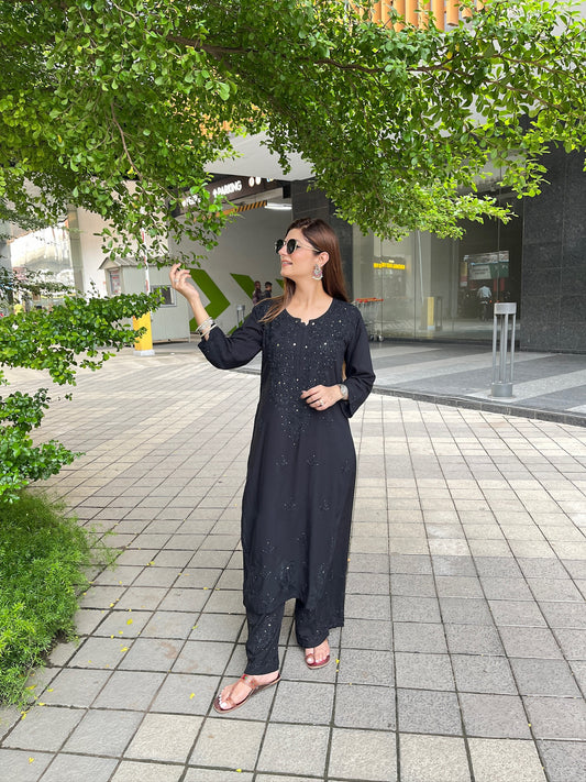 Premium Chikankari Handwork Rayon Kurta & Plazzo Set With Mukaish Work