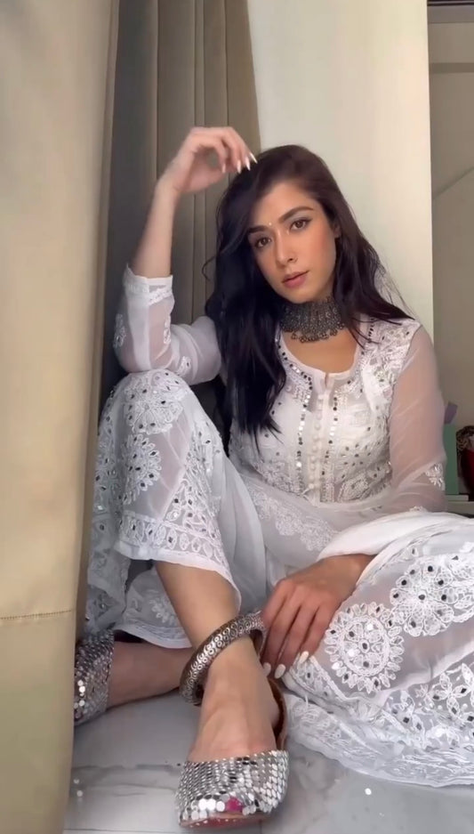 Lucknowi Chikankari Women’s Georgette Mirror Work only Short Gown KURTA | Handcrafted Style