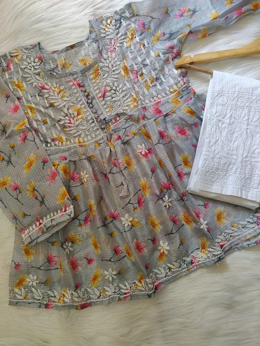 Chikanakri Floral Print Short Gown On Kota Fabric With Chikankari Lycra Stretchable Trouser