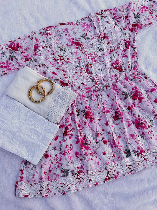 Beautiful Floral Printed Mul-Mul Short Gowns Paired With Lycra Stretchable trouser and Chiffon Dupatta