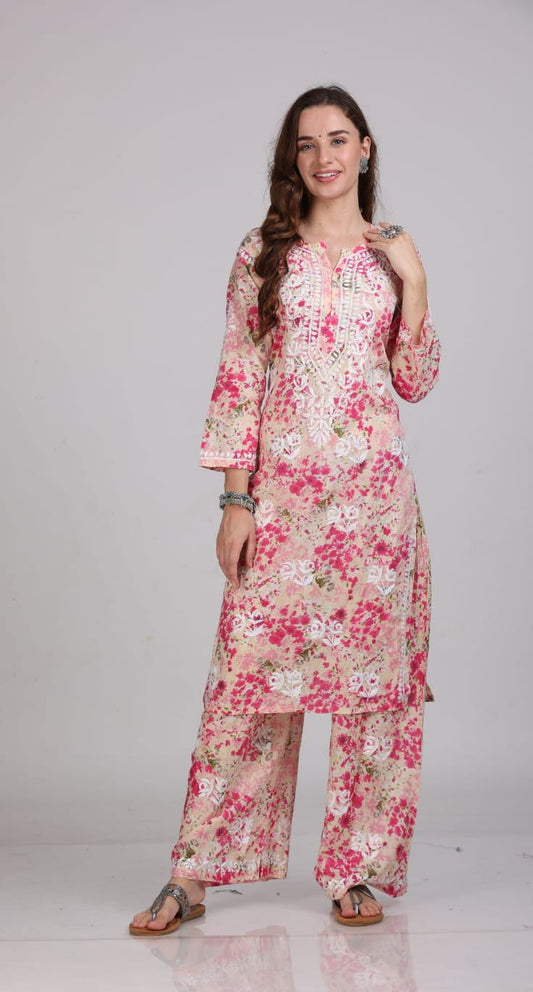 Mul-Mul Chikankari Kurta & Palazzo Set