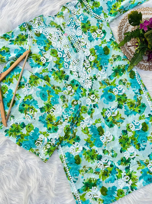 Mul-Mul Chikankari Handwork Floral Printed Co-Ord Set