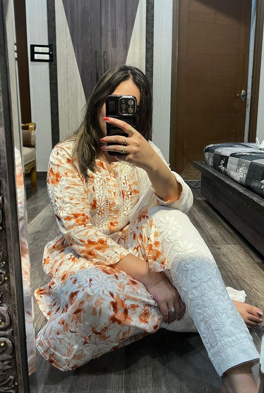 Beautiful Floral Printed Chikankari Mul-Mul Straight Kurta & Pants