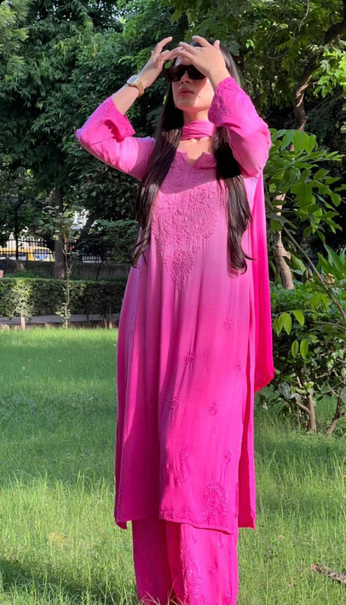 Chikankari Ryon Cotton Ombre Dyed 3pc Suit in 7 Beautiful Colors