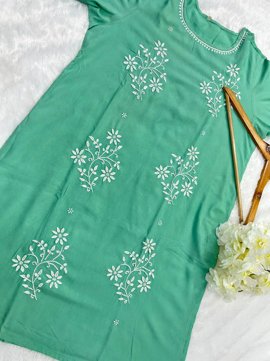 Chikankari Round Neck Rayon Mid-Length Kurta With Handy Pocket