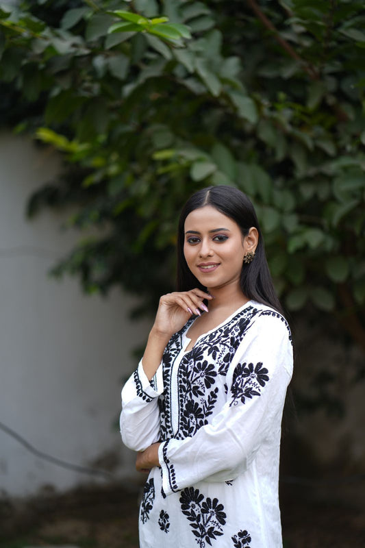 Modal Chikankari Straight Kurta With Elegant Black Thread Embroidery