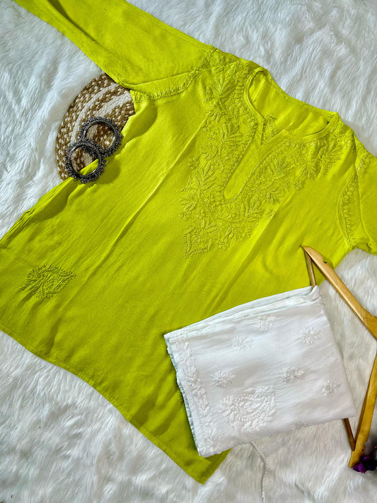 Chikankari Rayon Short Top In Ombre Shade Paired With Chikanakri Flared Plazzo