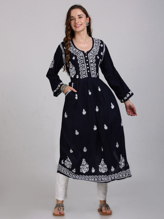 Chikankari Long Gown On Rayon Fabric With Both Side Pockets