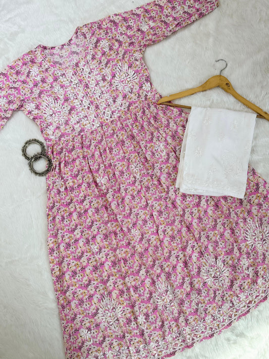 Mul Mul Floral Printed Chikankari Long Gown ( ONLY GOWN )