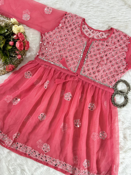 Chikankari Real Mirror Work Short Gown Suit