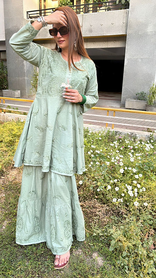 Mul Mul Cotton Chikankari Dyed Gharara Co-Ord Set