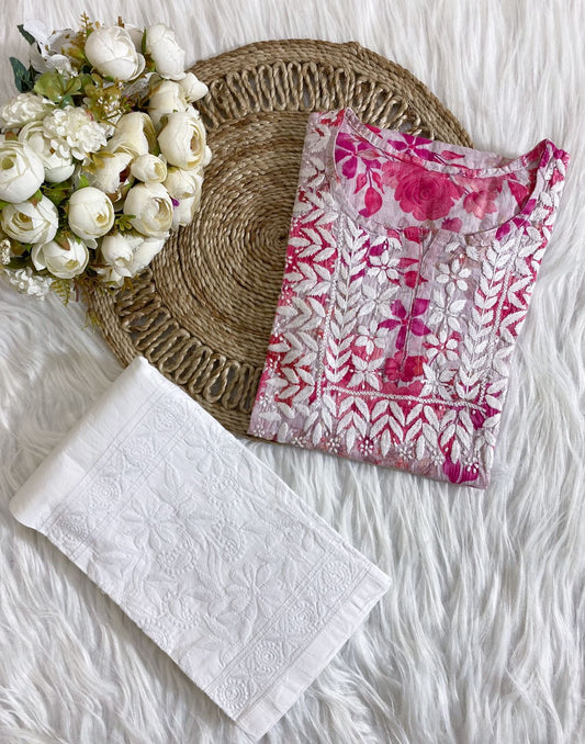 Soft Mul Mul Chikankari Handwork Short Top With Stretchable Trousers (With Pockets)