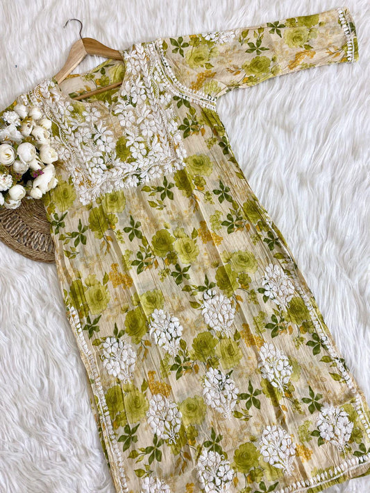 Summer Friendly Mul-Mul Floral Printed Chikankari Handwork Kurta & Stretchable Trouser
