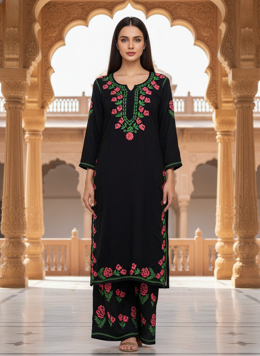 Gul Kashmiri Black Rayon Chikankari Kurta Set with Palazzo – Rose & Floral Handwork.