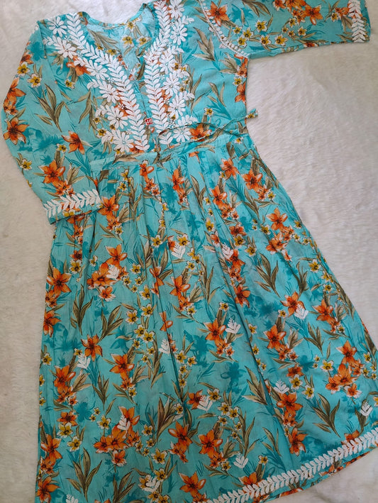 Soft Mul-Mul Chikankari Long Gowns Floral Print With Trouser & Dupatta