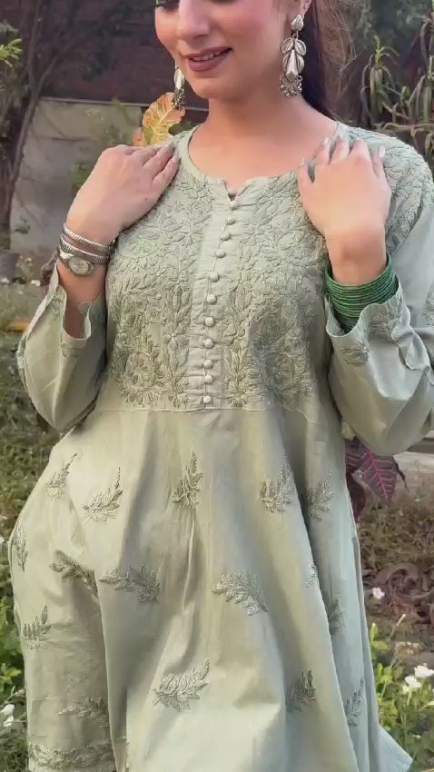 Mul Mul Cotton Chikankari Dyed Gharara Co-Ord Set