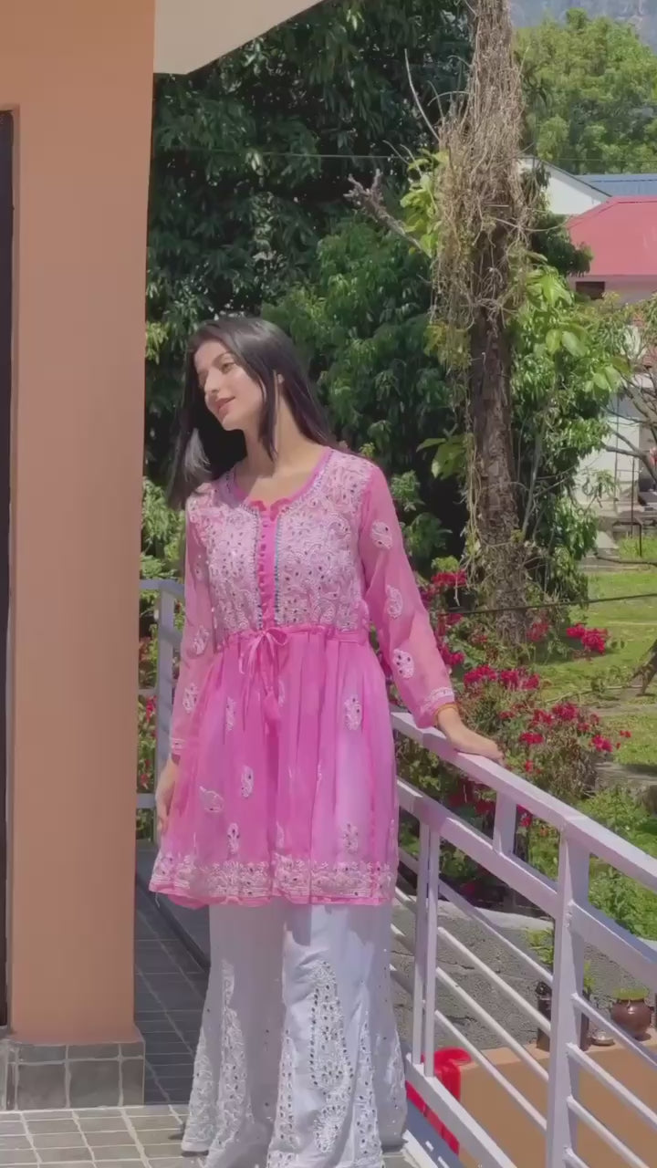 Lucknowi Chikankari Women’s Georgette Mirror Work only Short Gown KURTA | Handcrafted Style