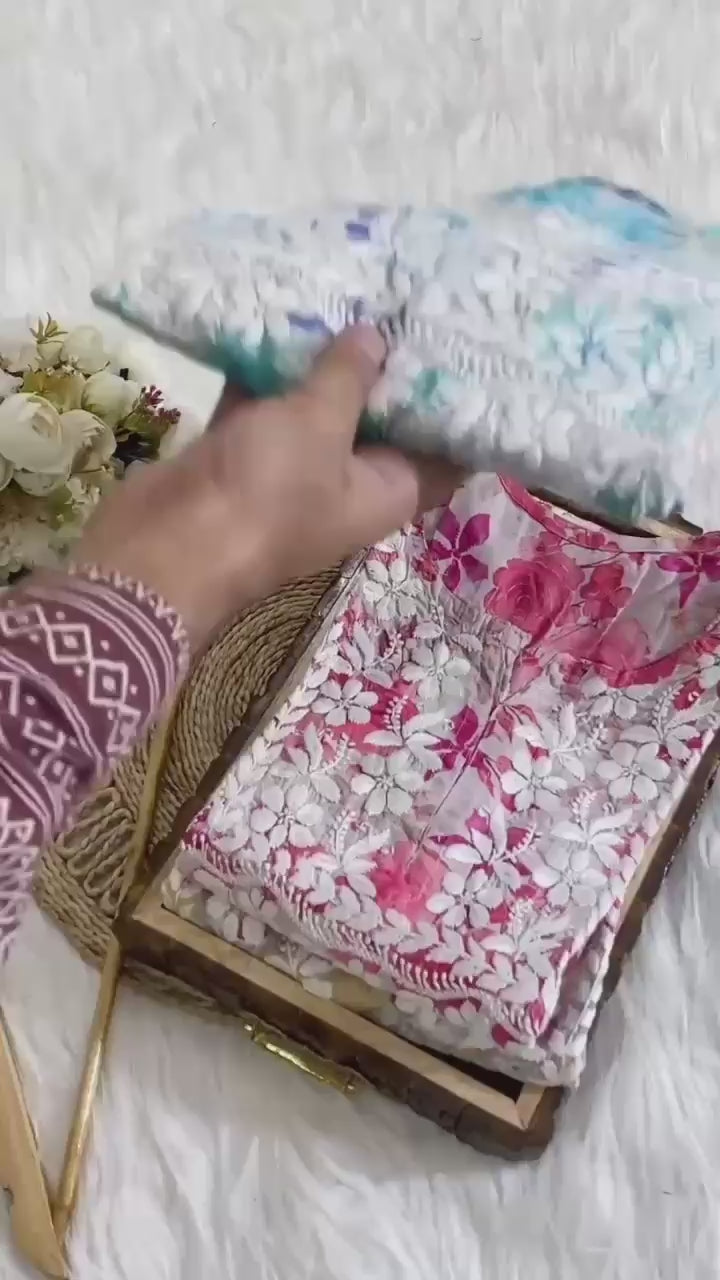 Summer Friendly Mul-Mul Floral Printed Chikankari Handwork Kurta & Stretchable Trouser