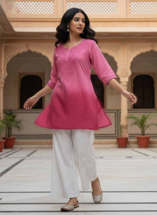 Chikankari Rayon Short Top In Ombre Shade Paired With Chikanakri Flared Plazzo