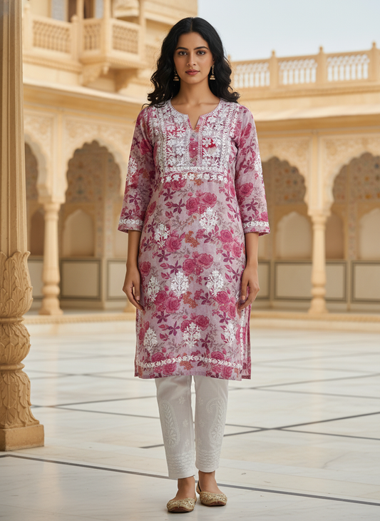 Soft Mulmul Printed Chikankari Kurta for Women – Summer Comfort