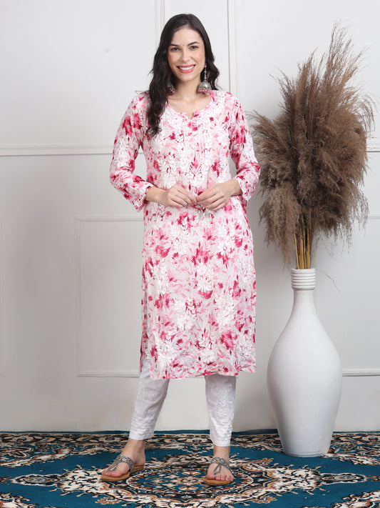 Soft Mul Mul Floral Printed Lucknowi Handwork Chikankari Straight Kurta