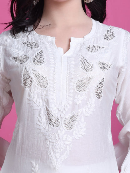 Handwork Chikankari Chanderi Suit Set With Mukaish Work