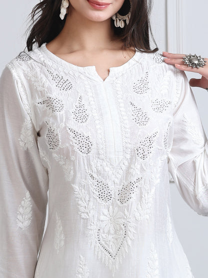 Premium 3D  chikankari work with mukaish embellishment on chanderi silk