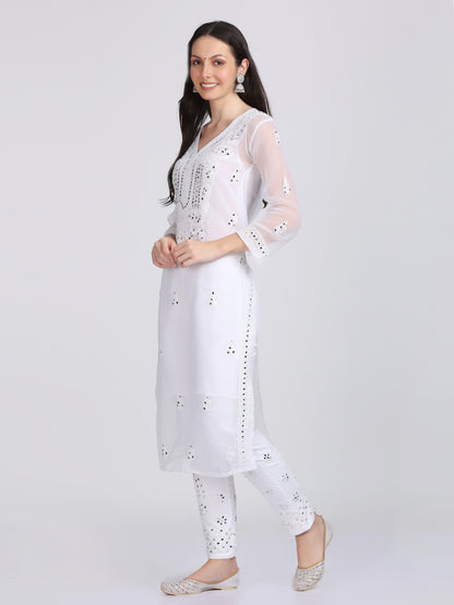 Mirror Work On Chikankari Chiffon Straight Kurta With Matching Inner