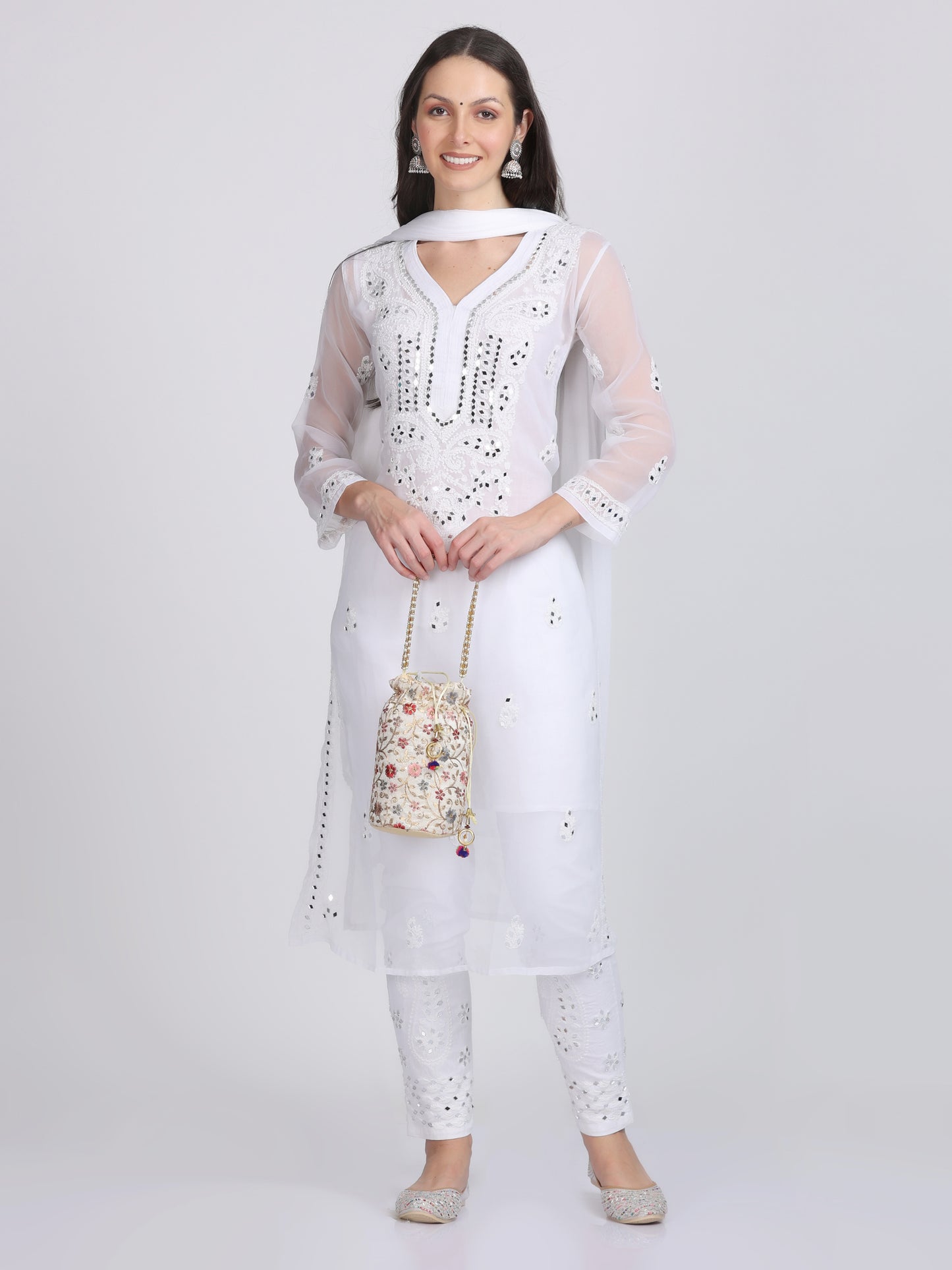 Mirror Work On Chikankari Chiffon Straight Kurta With Matching Inner